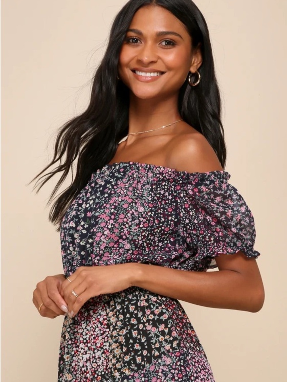 Lulus Neva Navy Blue Floral Print Off-the-shoulder Maxi Dress - Size L - Picture 11 of 14